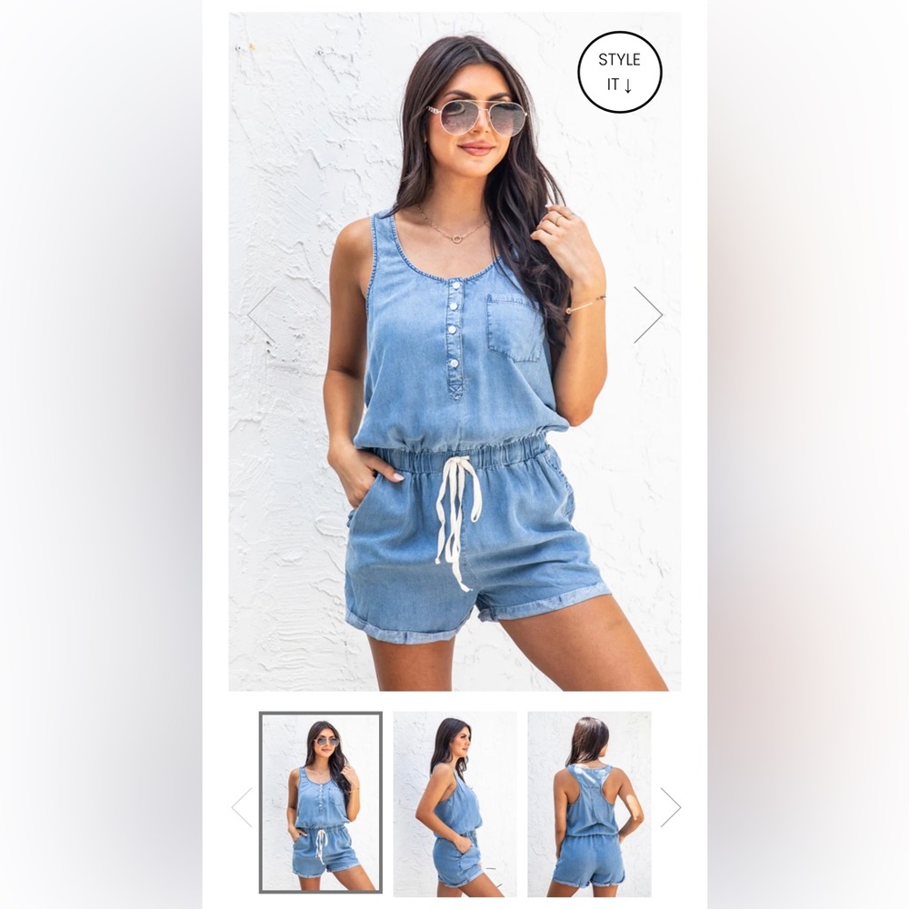Medium denim romper. Super cute, never worn. Smoke free, pet free home.